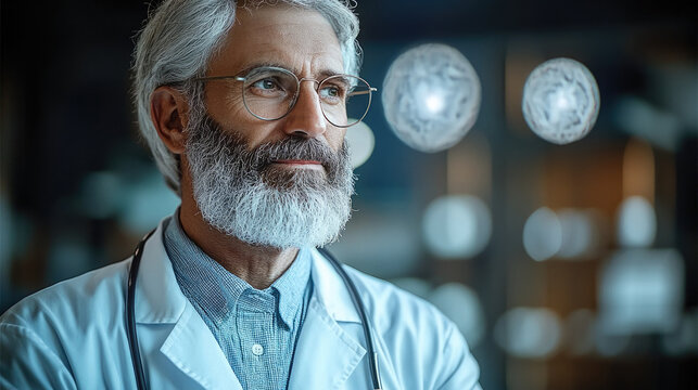 thoughtful doctor with beard and glasses, wearing white coat, stands in modern medical environment, reflecting on patient care and advancements in healthcare