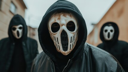 A close-up of figures with skull masks against a worn urban backdrop evokes fear and intrigue, merging themes of darkness, suspense, and the unknown in a profound way.