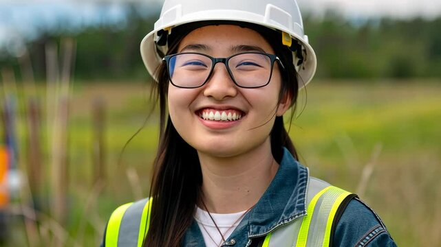 A happy young engineer in a hard hat interacts with nature at a construction site surrounded by greenery and open space