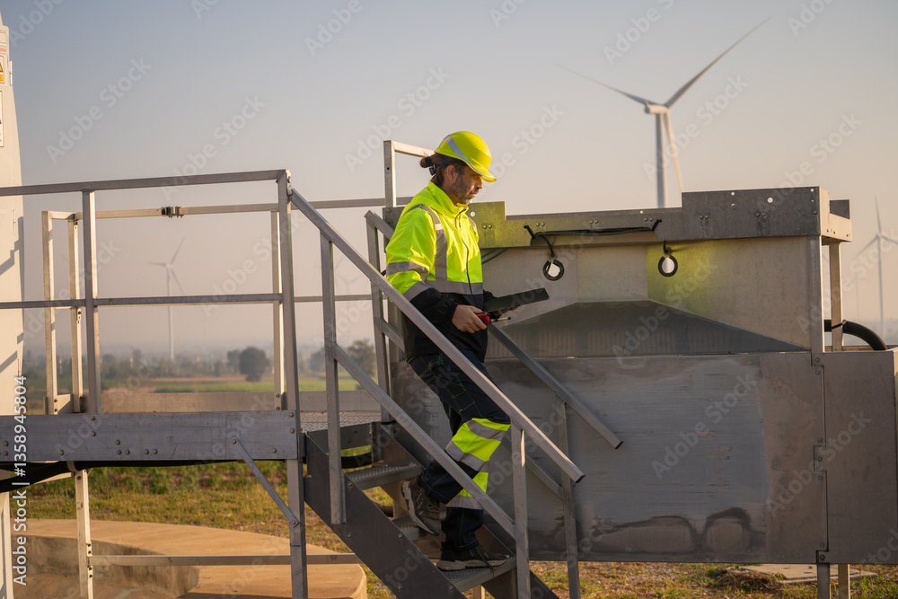 Poster engineer man working with tablet at windmill farm generating electricity clean energy. wind turbine 
