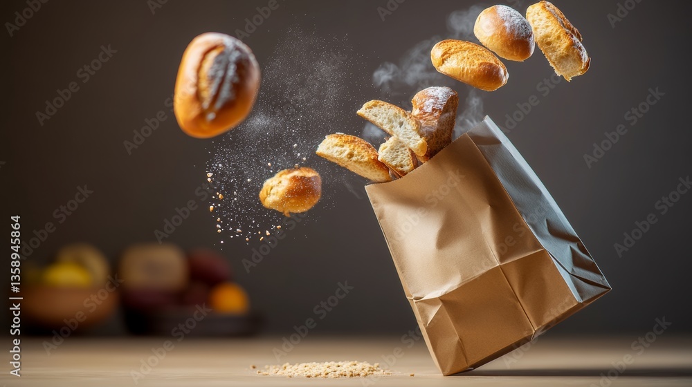 Poster bag of bread is opened and the bread is flying out of it. the scene is chaotic and messy, with bread