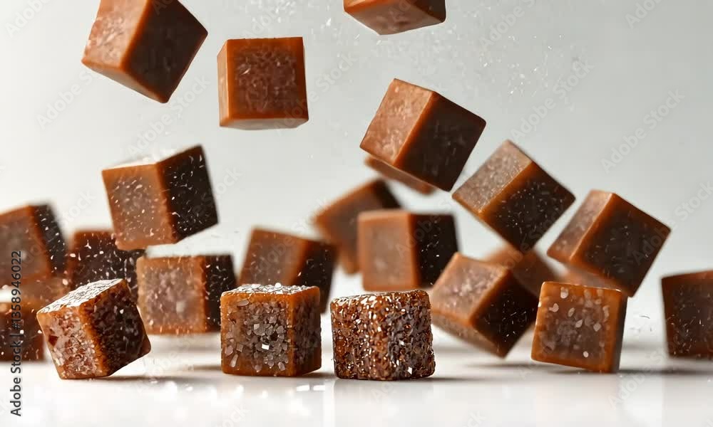 Poster delicious caramel cubes in midair against a bright background with shallow depth of field and a swee