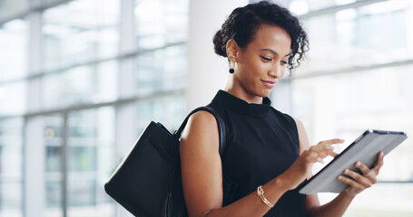 Airport, tablet and travel with business woman walking in terminal for international flight. Online...