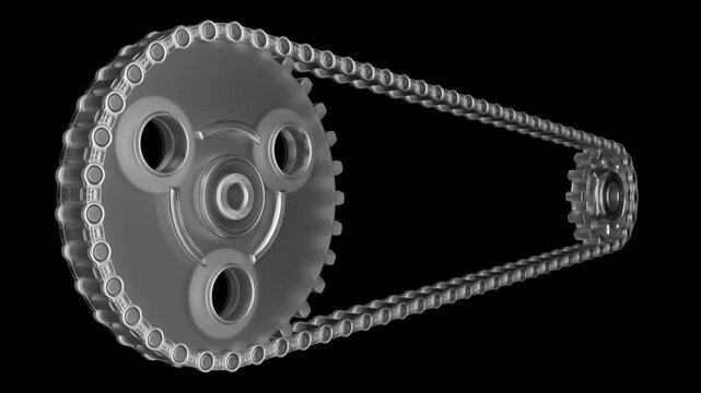 Chain and Sprocket translucent. Shows seamless looping behavior on black background and green screen. Suitable for use in industrial backgrounds. 3D Render.