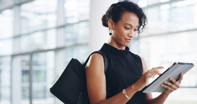 Airport, tablet and travel with business woman walking in terminal for international flight. Online check in, planning and schedule with passenger in departure gate or lobby for journey or transport