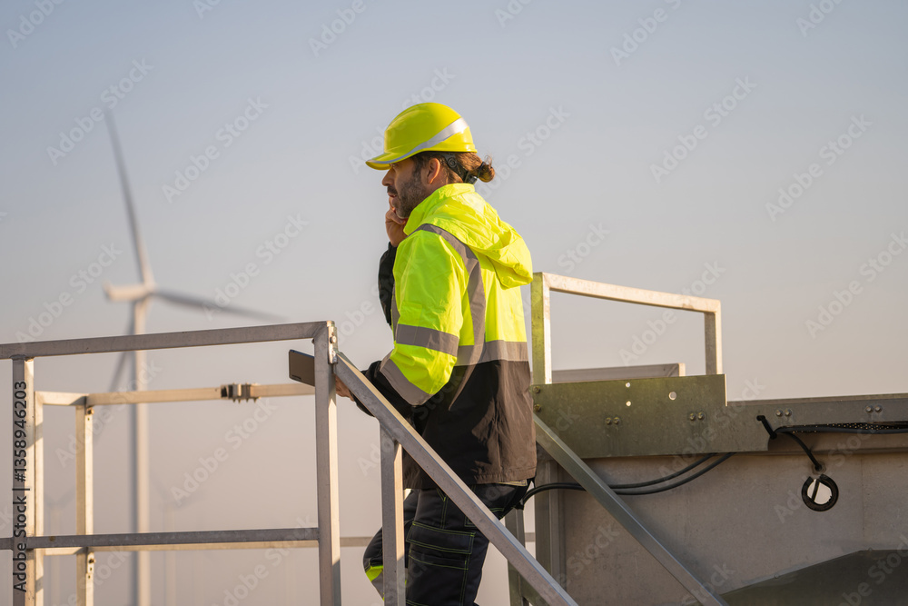 Poster engineer man working with tablet at windmill farm generating electricity clean energy. wind turbine 