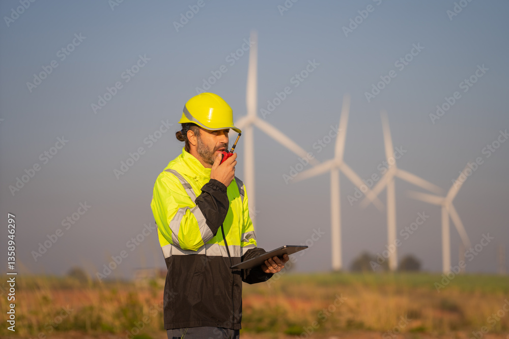 Poster engineer man working with tablet at windmill farm generating electricity clean energy. wind turbine 
