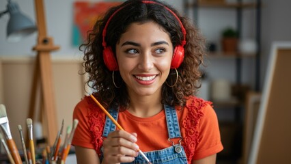 Smiling young Hispanic female artist with headphones holds paintbrush in studio. Dreamy mood with soft lighting represents creativity and pursuing hobbies indoors.
