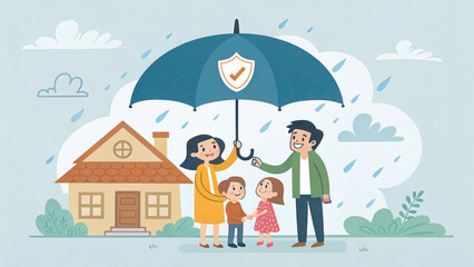 A small family standing under an umbrella with a house logo, symbolizing complete property insurance coverage.