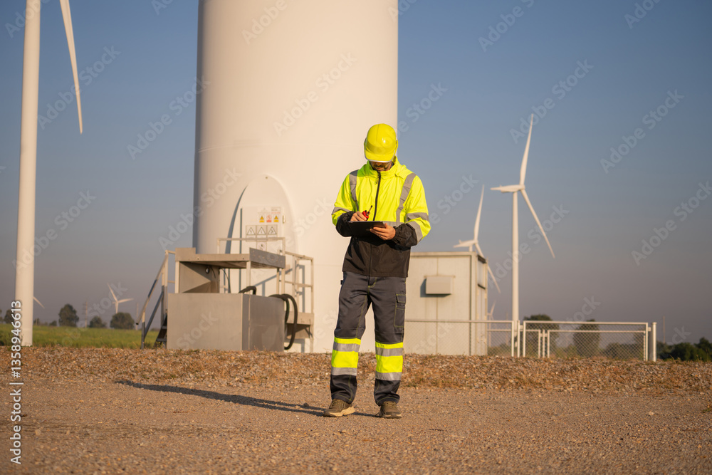 Aufkleber Engineer man working with tablet at windmill farm Generating electricity clean energy. Wind turbine farm generator by alternative green energy.