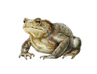 Common toad realistic hand drawn illustration. Bufo bufo wildlife nature amphibian animal. vintage style cute realistic toad illustration isolated on white background