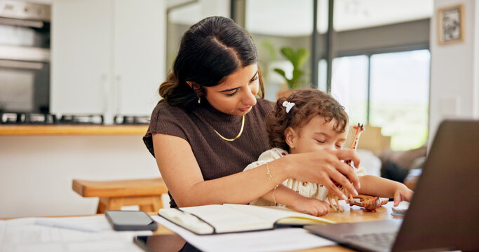 Laptop, remote work or toys with mother and baby in home for development of small business. Busy, computer or playing with single parent and girl child in apartment for freelance or startup career