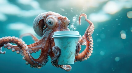 A whimsical underwater scene featuring an octopus gracefully holding a coffee cup, blending humor with marine life in a delightful and unexpected way.