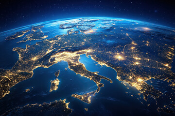 Fototapeta premium Earth at night: Glowing city lights encircle dark regions, revealing populated areas across continents under a starry sky, showcasing human presence from space.