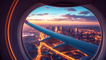 View from an airplane window showcasing a sunset over a city skyline with illuminated streets and clouds in the sky