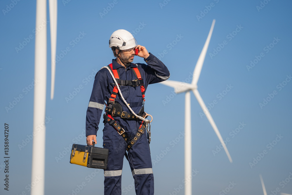 Poster engineer man working at windmill farm generating electricity clean energy. wind turbine farm generat