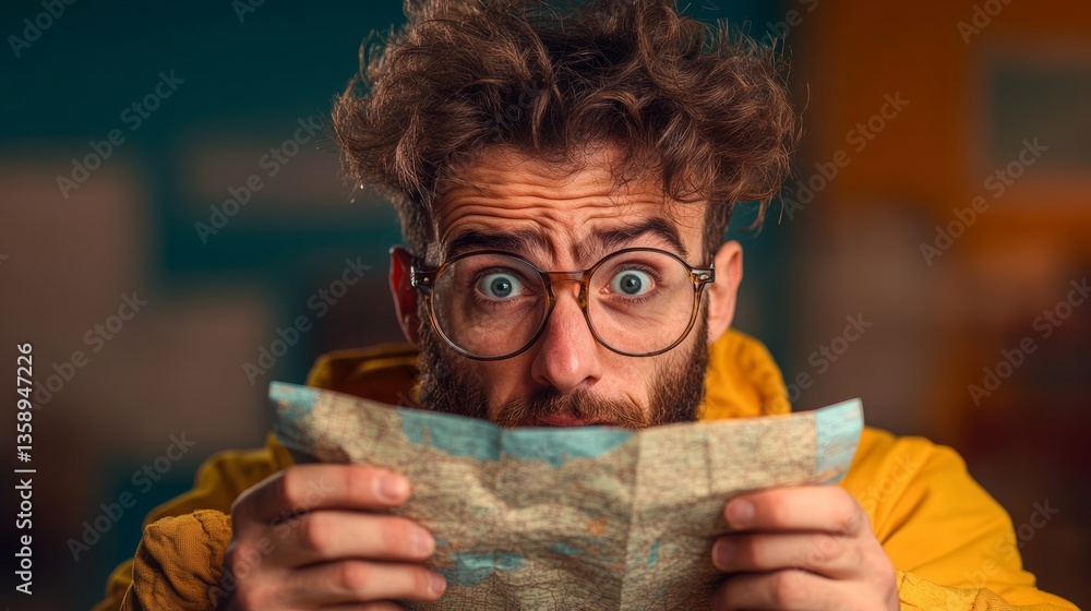 Poster man with glasses is holding a map and looking at it with a surprised expression. concept of curiosit