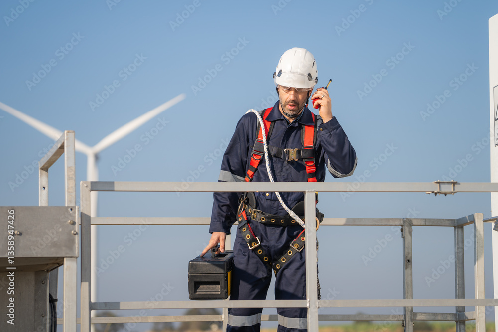 Aufkleber Engineer man working at windmill farm Generating electricity clean energy. Wind turbine farm generator by alternative green energy.