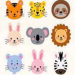 Naklejka premium Set of Cute Cartoon Animal Faces in a Minimalist and Modern Style