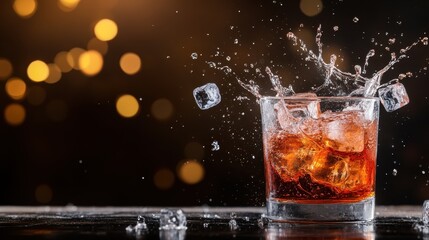 This image showcases a beautifully arranged drink with ice cubes, creating a stunning splash against a backdrop of shimmering golden bokeh to inspire elegance.