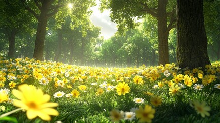 Fototapeta premium Sunlit forest floor with yellow wildflowers glowing under soft beams of light between tall trees captured in vibrant eco scenery wallpaper theme for environmental vitality expression