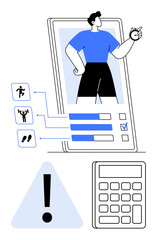 Digital fitness tracker with person, progress bars, activity icons, warning, and calculator. Ideal for fitness tracking, health management, goal setting, motivation time management app interface