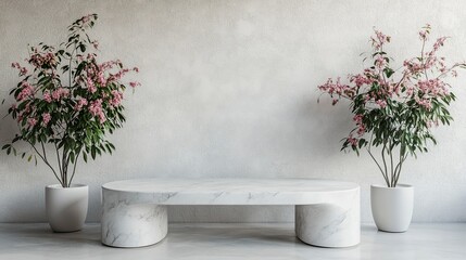 A clean and modern interior design featuring a marble table with soft rounded edges, framed by two flowering plants in minimal white pots, against a textured white wall.  