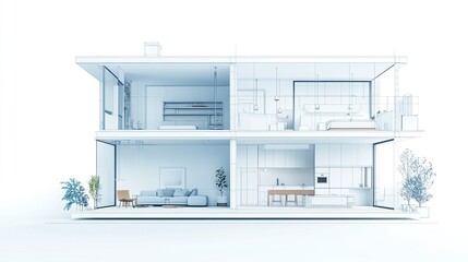 A clean blueprint-style clipart of a modern minimalist home, featuring detailed cross-section views of rooms, sleek furnishings, and open spaces, on white. 