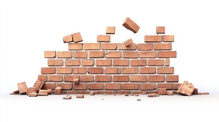 A clean brick wall illustration, showing half-completed construction with scattered bricks and visible mortar, ideal for building or construction visuals, on transparent. 