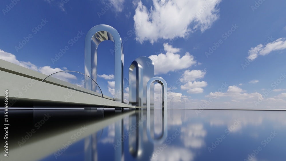 Poster 3d illustration of abstract minimal architecture background, geometric architectural with chrome or 