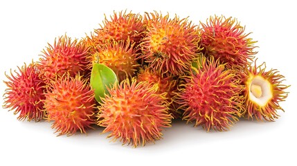 Pile of fresh rambutans with one cut open, showing the white flesh.