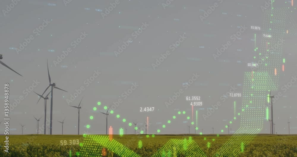 Poster wind turbines in field with financial data and graphs overlay animation