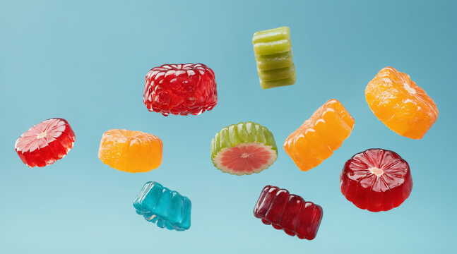 Close-up of colorful jelly candies levitating