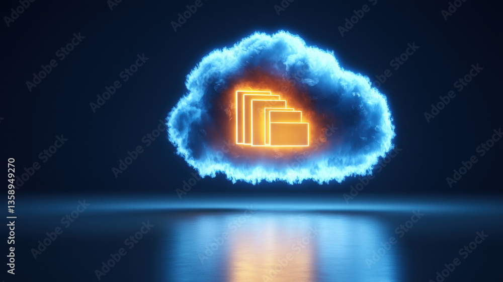 Poster cloud base file storage glowing cloud with digital folders symbolizes data recovery and storage