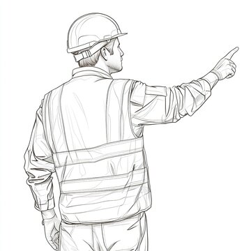 A clean line drawing of a construction worker facing forward, arm extended to point, wearing a helmet and safety vest, set on white. 