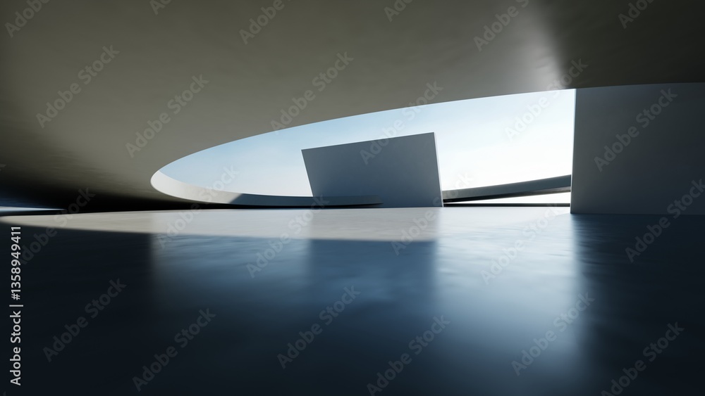 Aufkleber 3d render of abstract modern curve architecture with empty cement floor, minimal exterior, car presentation background