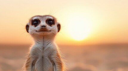 A cheerful meerkat stands smiling against a vibrant sunset backdrop, capturing moments of joy and excitement amidst the warm hues of an evening sky.