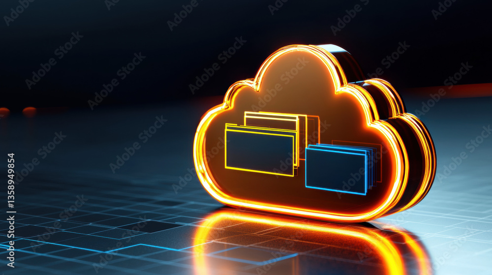 Aufkleber cloud base file storage glowing cloud icon with digital folders on futuristic grid background