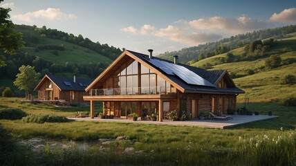 Obraz premium Stunning wooden cabin with large windows and solar panels, nestled in lush green hills during golden hour.