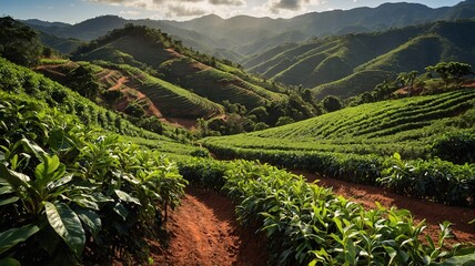 Lush green hills with tea plantations under a cloudy sky at dusk, showcasing the vibrant beauty of nature.