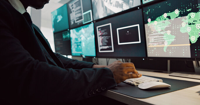 Computer, security and person on screen for surveillance, global investigation and protection. Satellite, law enforcement and man on monitor for inspection, safety service or search for online threat