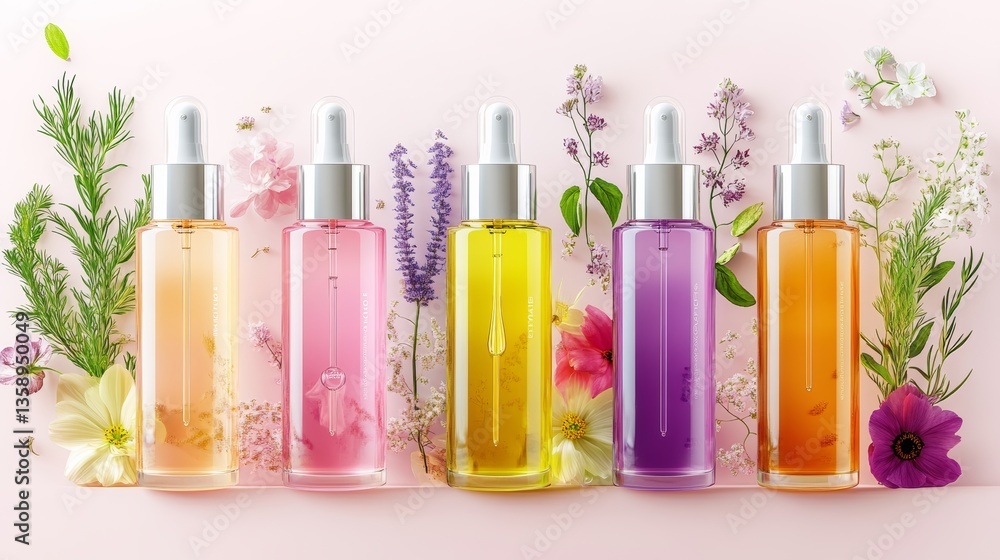 Poster row of five bottles of perfume are displayed on a table with flowers and plants. the bottles are of 