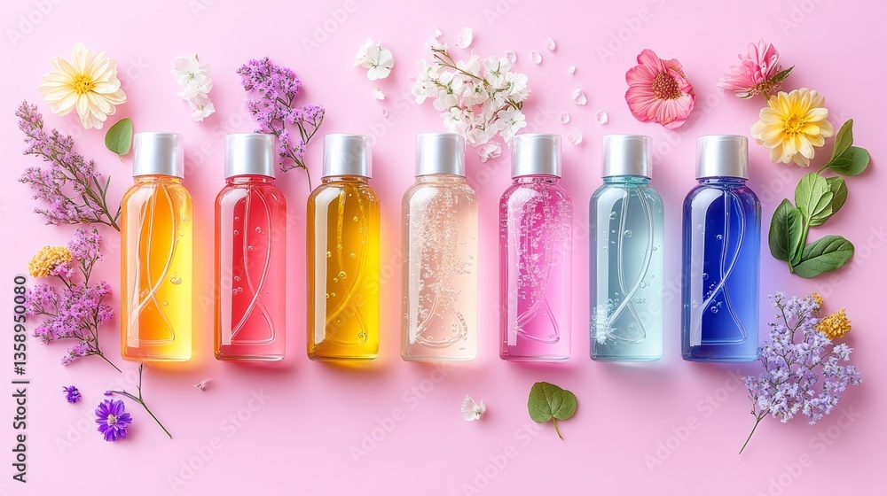 Aufkleber row of colorful bottles of perfume are arranged on a pink background. the bottles are of different c