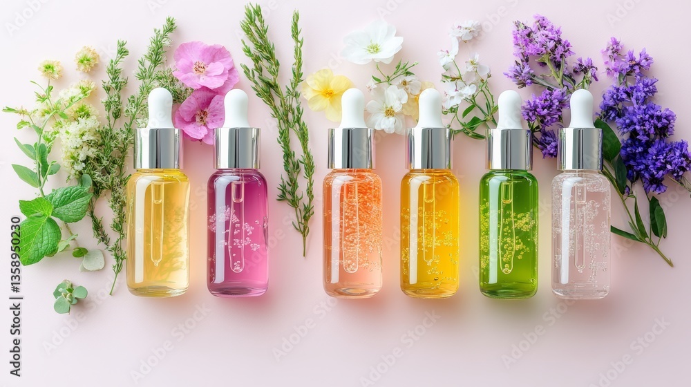 Poster row of colorful bottles of essential oils are displayed on a table with flowers. the bottles are arr