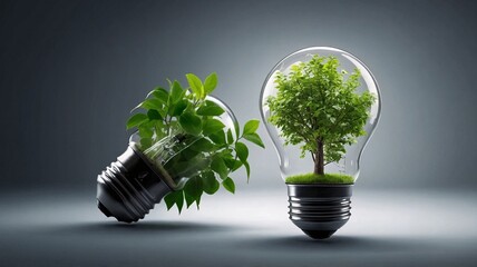 A captivating composition of two lightbulbs, one with green leaves and the other with a tree, symbolizing eco-friendliness and growth.