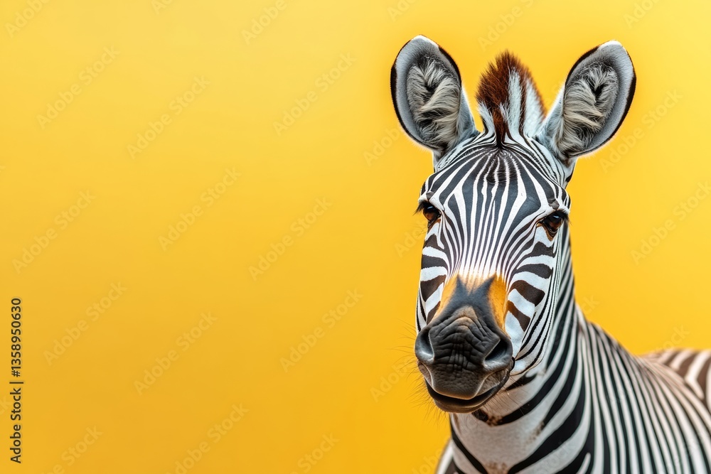 Poster zebra is staring at the camera with its head tilted to the side. the yellow background adds a warm a
