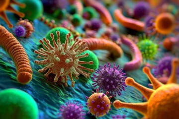 Obraz premium Abstract and colorful representation of microorganisms including germs, bacteria, and viruses captured in high detail. 