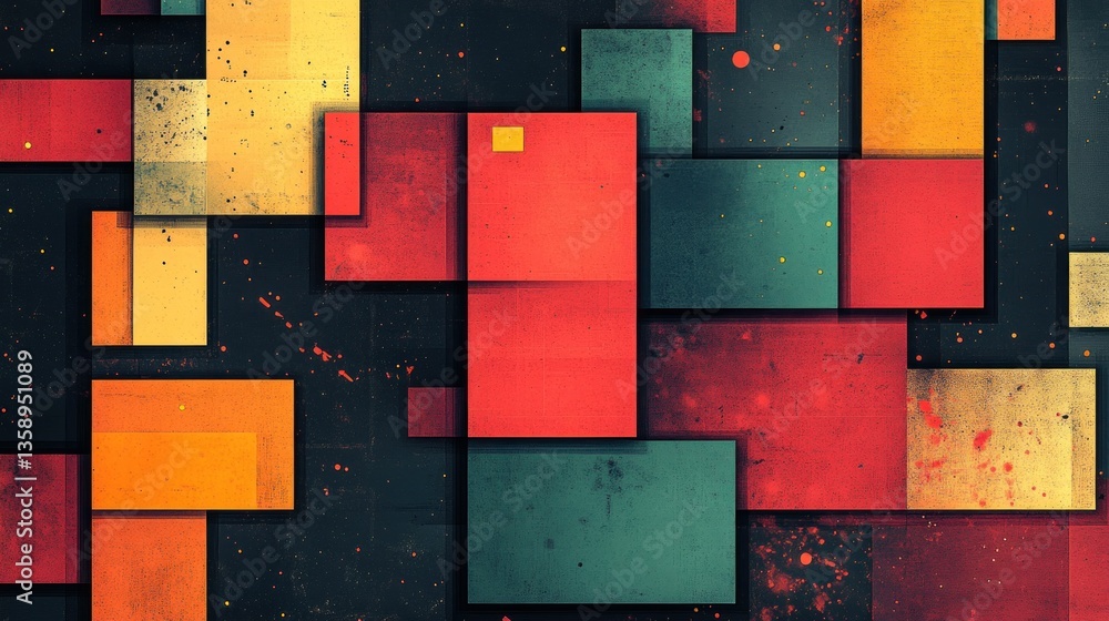 Poster overlapping geometric squares creating a modern art pattern with a textured and slightly distressed 