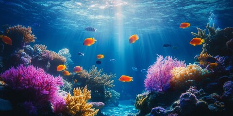Fototapeta premium Panoramic view, underwater world, beautiful shells and fish, bright blue sea, colorful swimming fish
