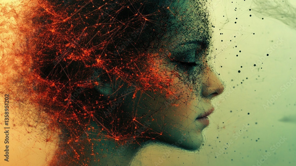 Poster conceptual portrait of a woman with glowing network effect representing technology consciousness and